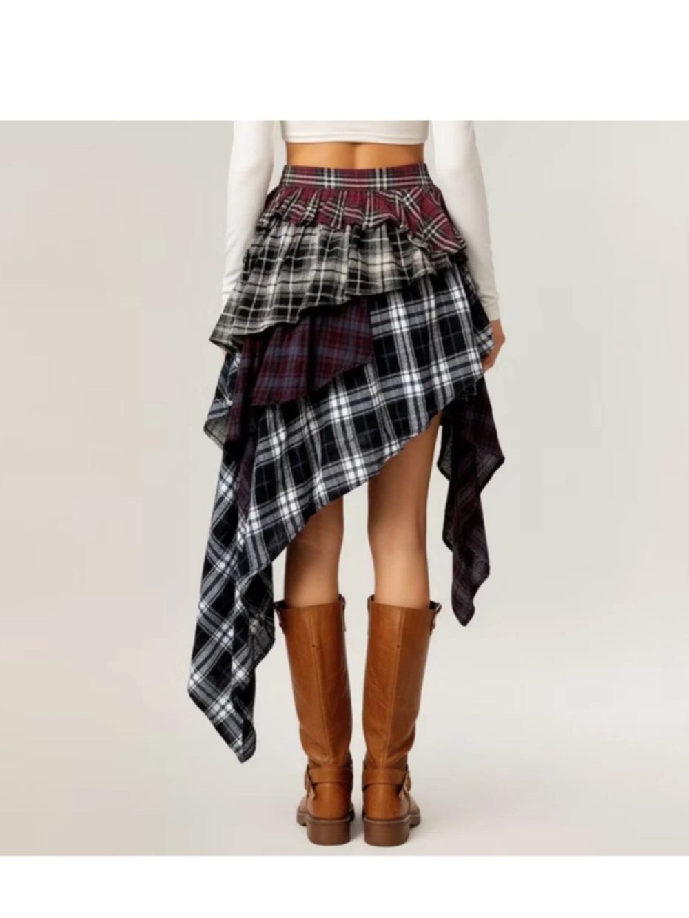 Anna-Kaci Women Asymmetric Plaid Mini Skirt with Layered Ruffle Details M - Picture 3 of 8